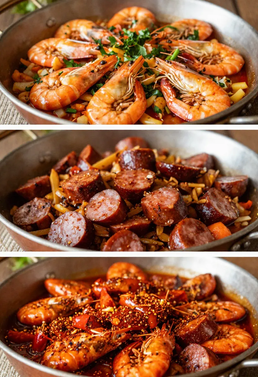 Collage showing different variations of jambalaya dishes