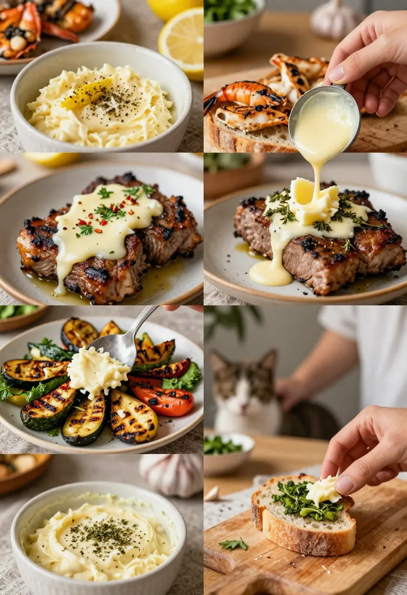 Collage of garlic herb butter variations with seafood, roasted meat, grilled vegetables, Mediterranean style, and a cozy bread-spreading scene with a pet.