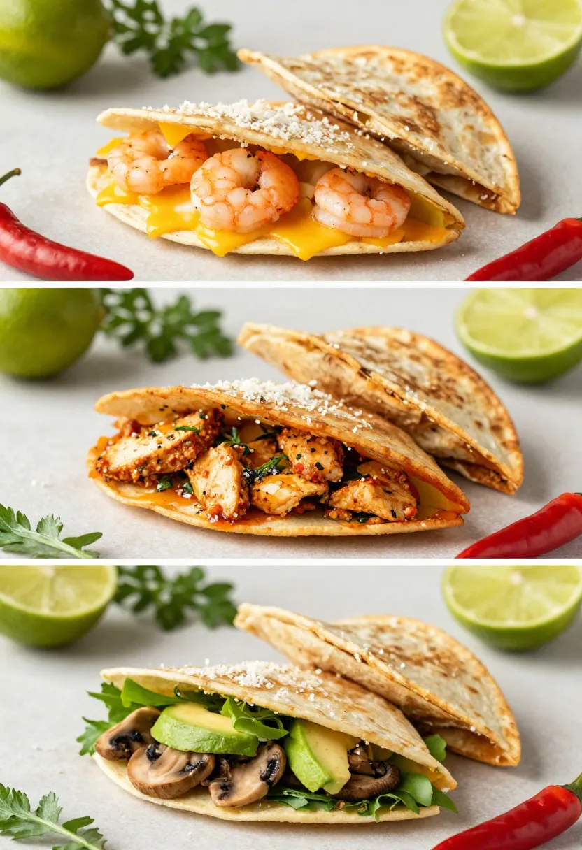 Collage of quesadilla variations with shrimp, chicken, and vegetables