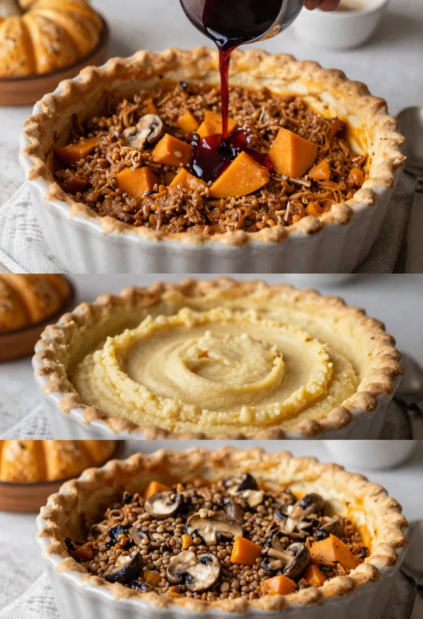 Different variations of pumpkin shepherd’s pie filling and topping