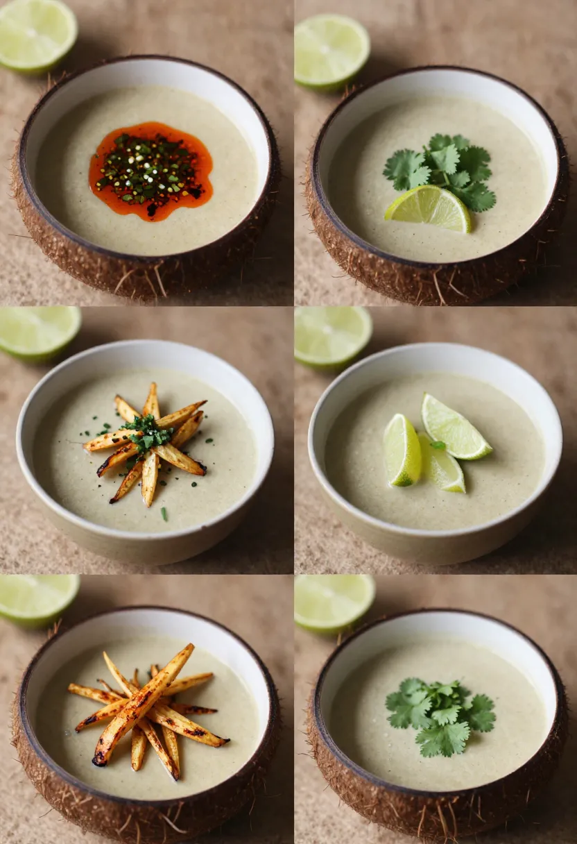 Collage of different coconut parsnip soup variations with toppings and styles