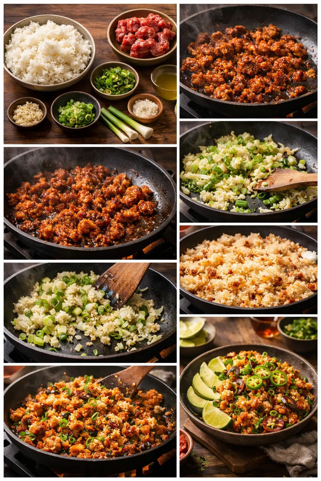 Step-by-step collage of Mexican fried rice cooking from ingredients to finished dish