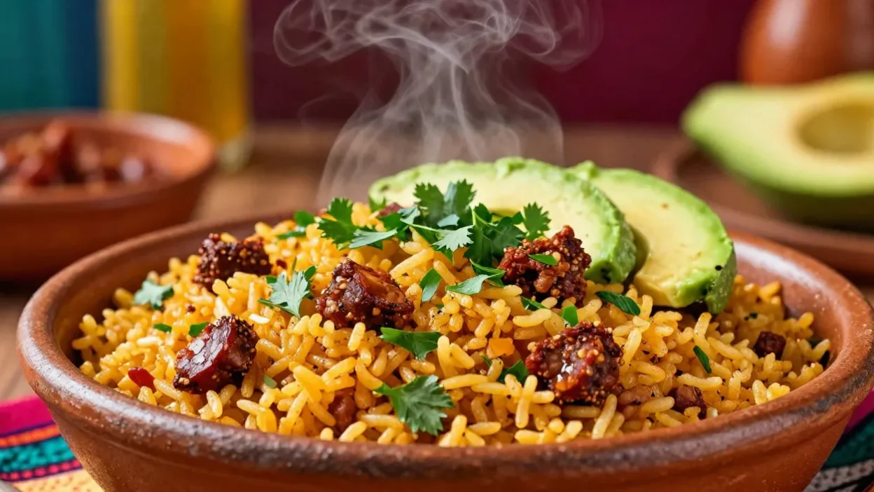 Mexican fried rice with chorizo, avocado, and herbs in a vibrant setting