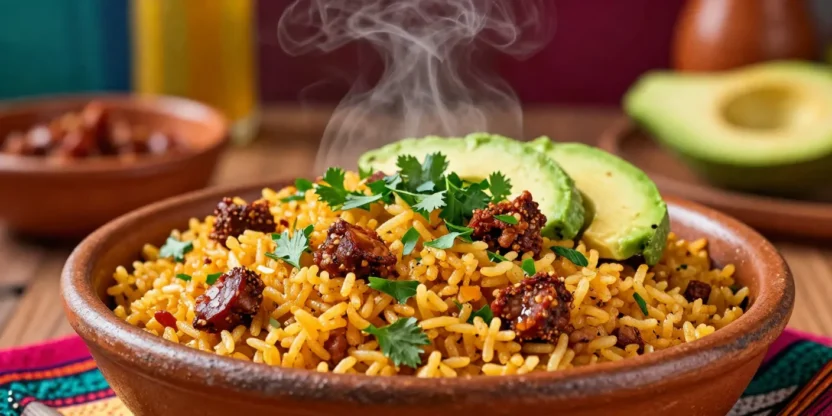 Mexican fried rice with chorizo, avocado, and herbs in a vibrant setting