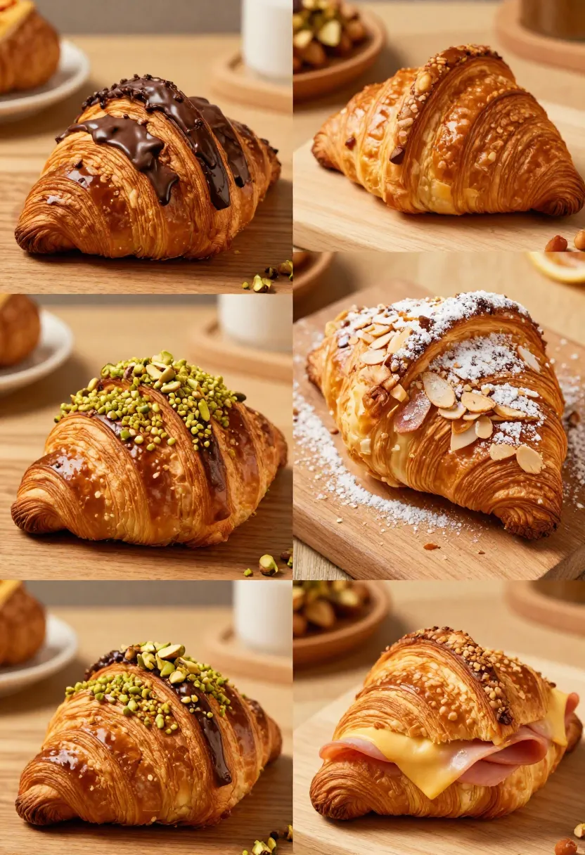 Assorted modern croissant variations with sweet and savory fillings.