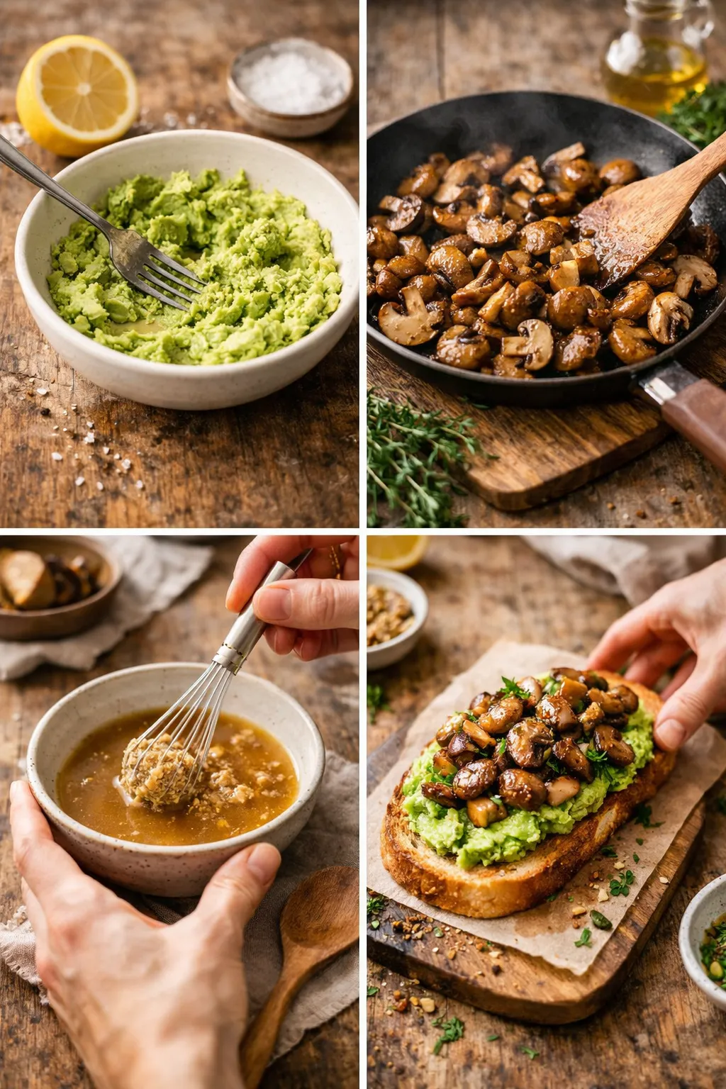 Step-by-step collage of making mushroom and avocado sourdough toast with miso