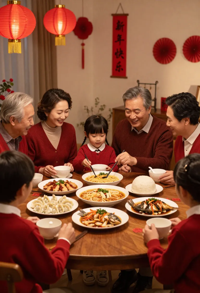 Chinese New Year family dinner with traditional dishes and lanterns.
