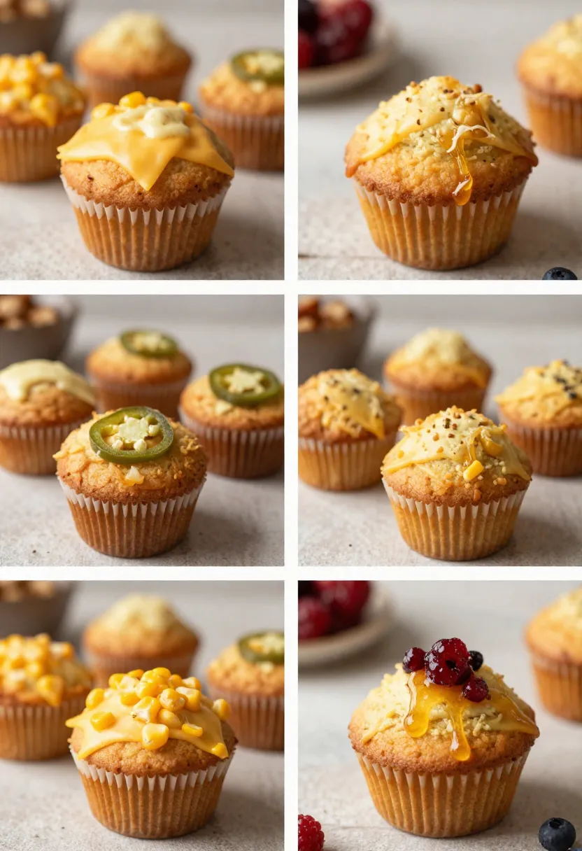 2–4 frame collage of cornbread muffin variations with cheese, jalapeño, and honey