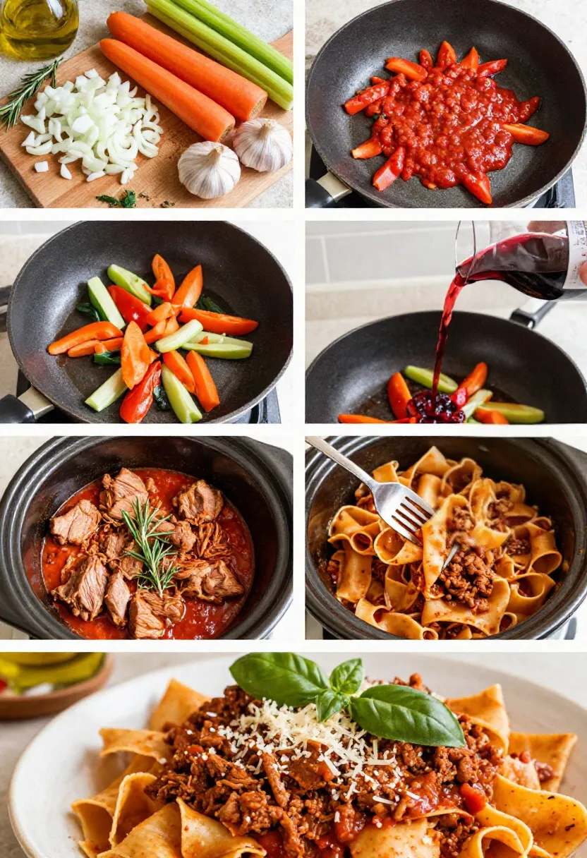 Step-by-step collage of cooking pork ragù pasta from ingredients to finished dish.