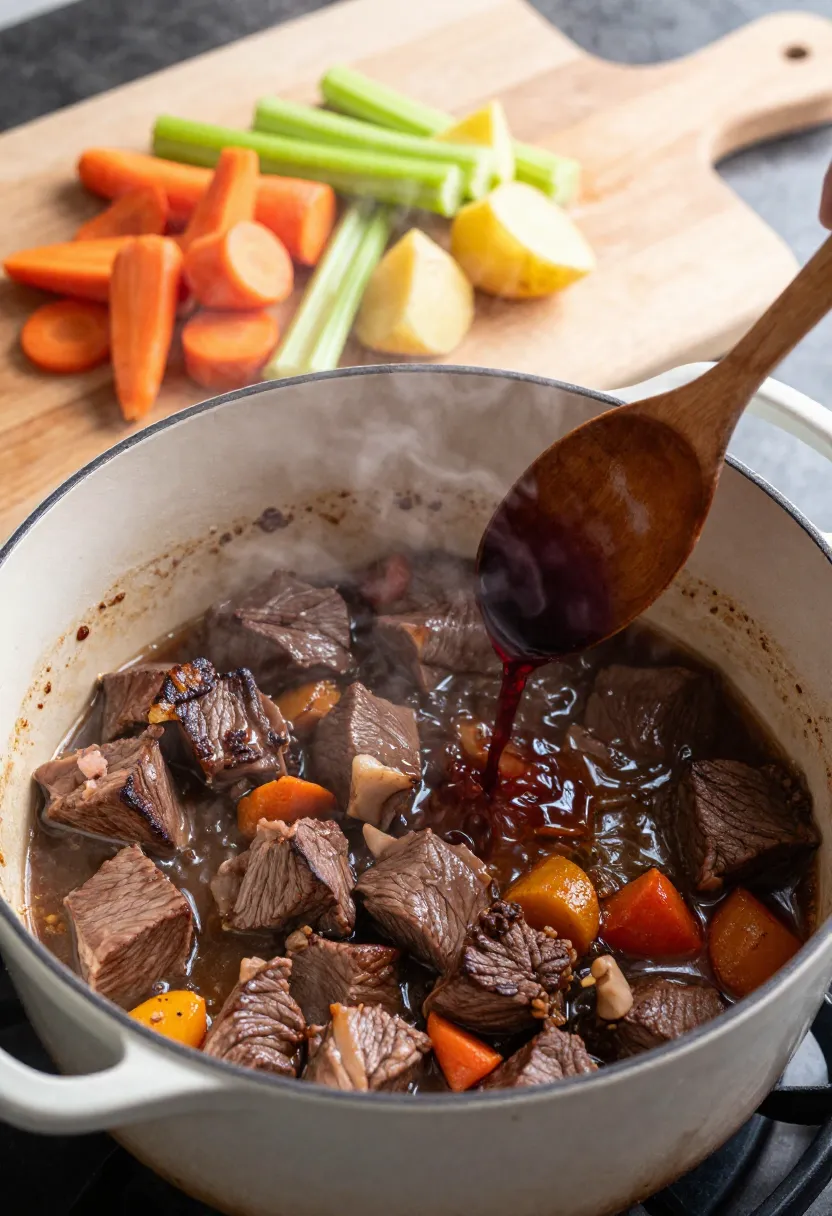 Beef browning in a Dutch oven with evenly chopped vegetables and gentle simmer.