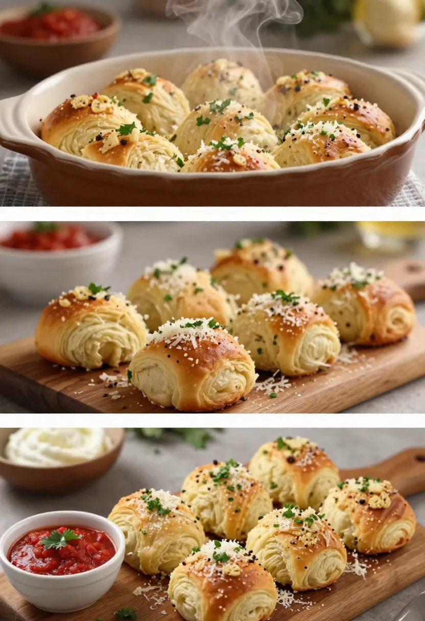 Collage of garlic Parmesan pull-apart rolls served in a baking dish, on a board, and with dipping sauces.