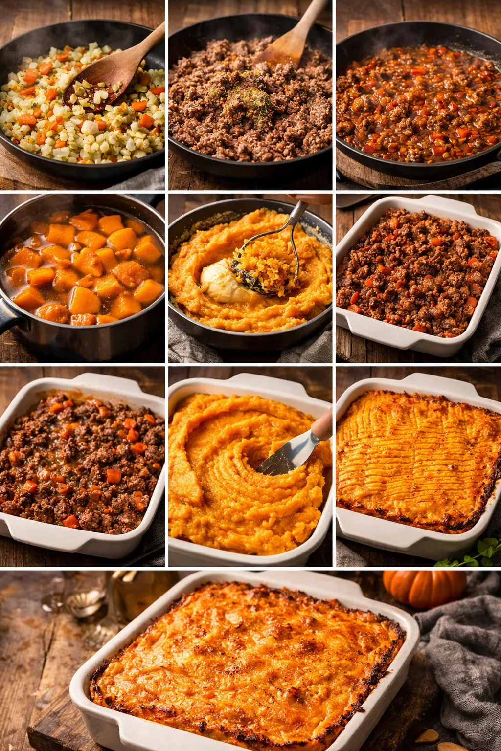 Step-by-step pumpkin shepherd’s pie cooking collage