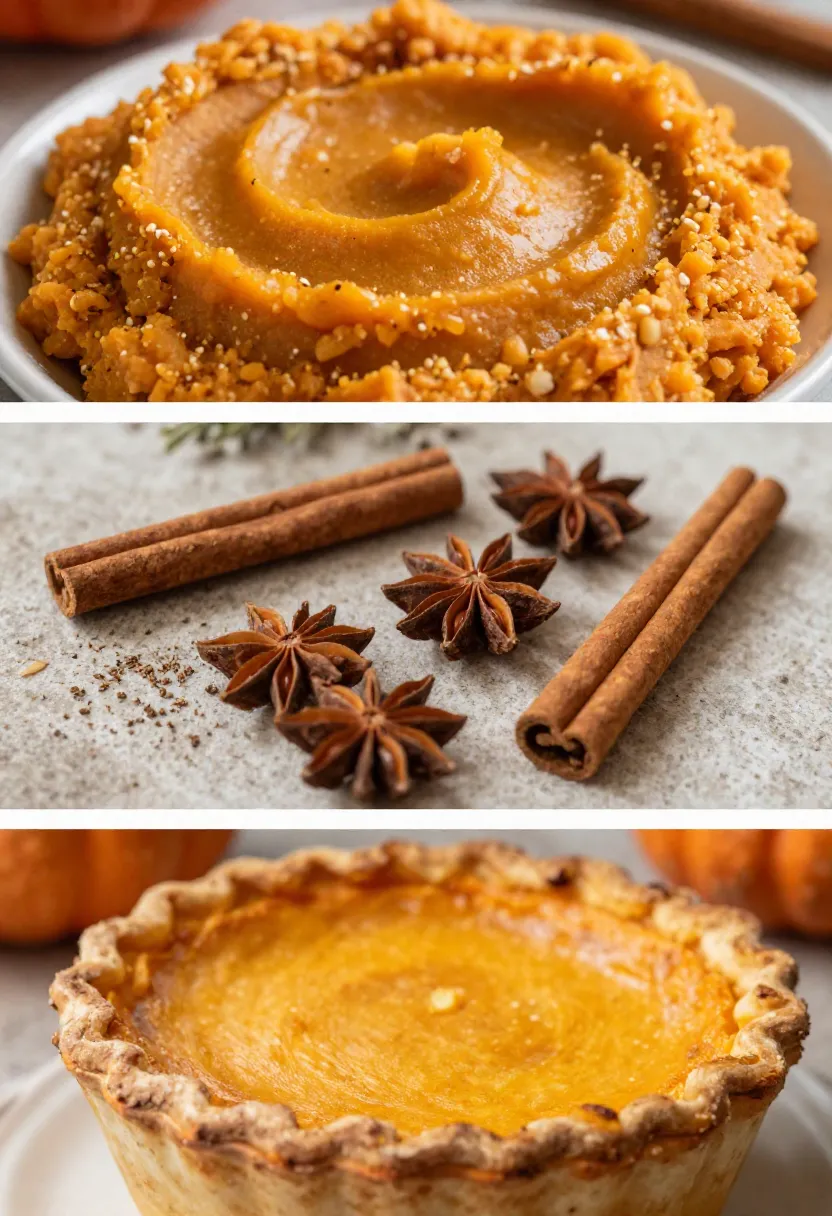 Pumpkin mash, spices, and baked shepherd’s pie collage