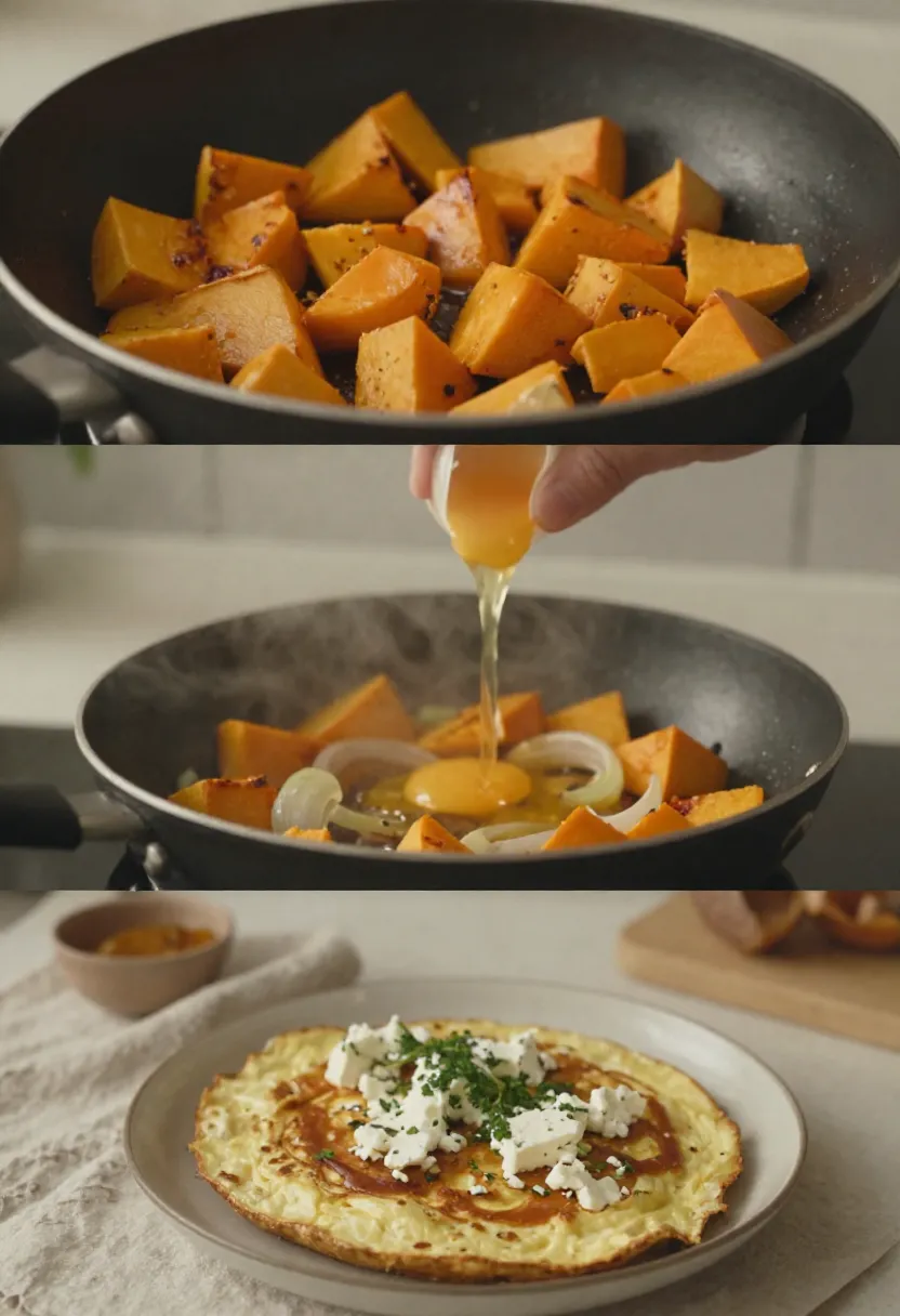 Collage of caramelised pumpkin and feta omelette cooking process