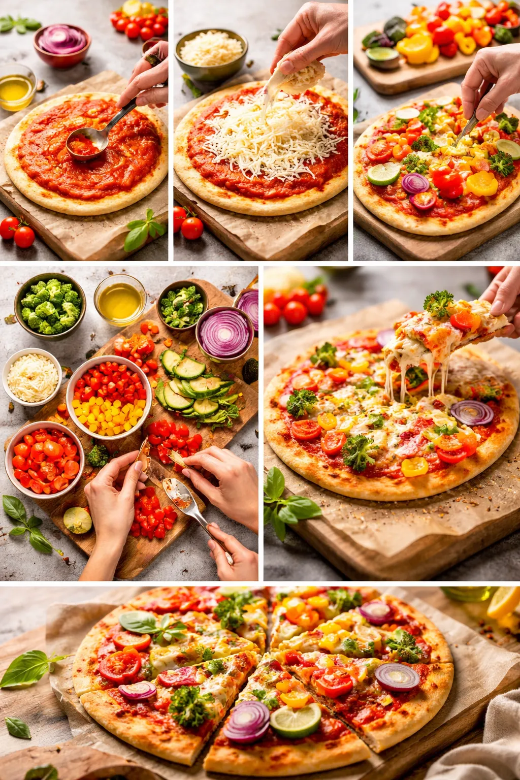 Collage of colorful flatbread pizza and fresh vibrant vegetables