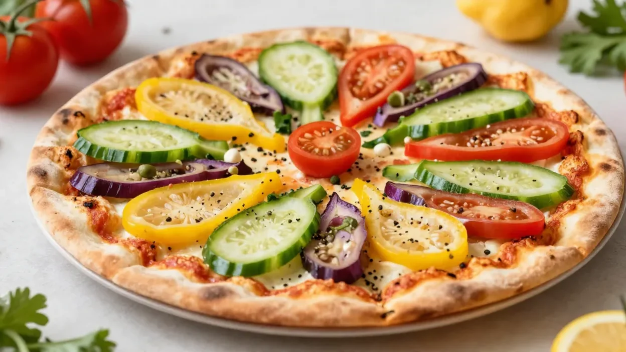 Colorful rainbow flatbread pizza in a bright festive setting