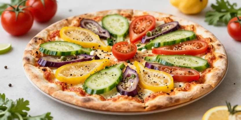 Colorful rainbow flatbread pizza in a bright festive setting