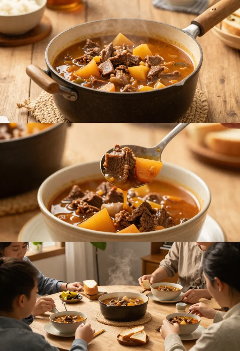 Rustic pot of hearty beef and vegetable stew on a wooden table in natural light.
