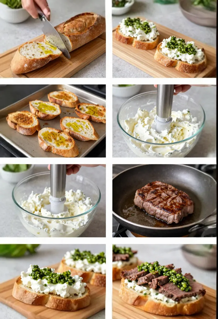 Step-by-step collage of beef crostini preparation