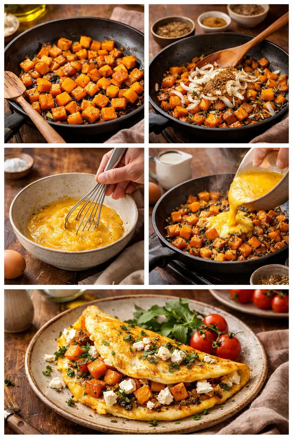Step-by-step collage of making caramelised pumpkin and feta omelette