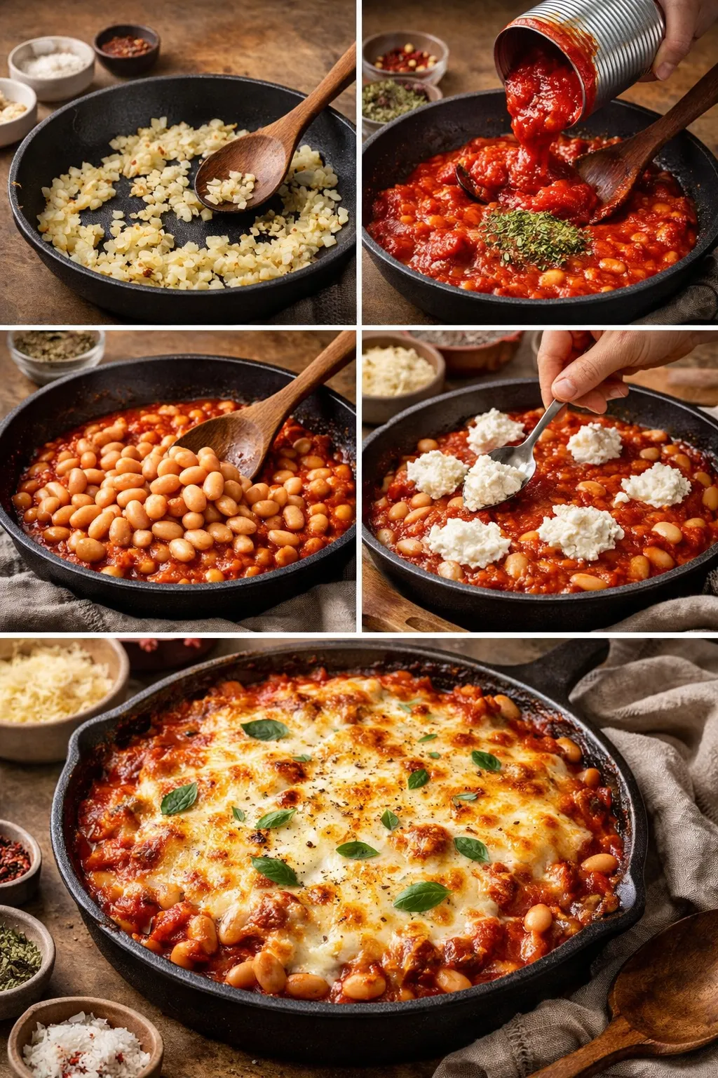Step-by-step collage of cheesy white bean lasagna bake process