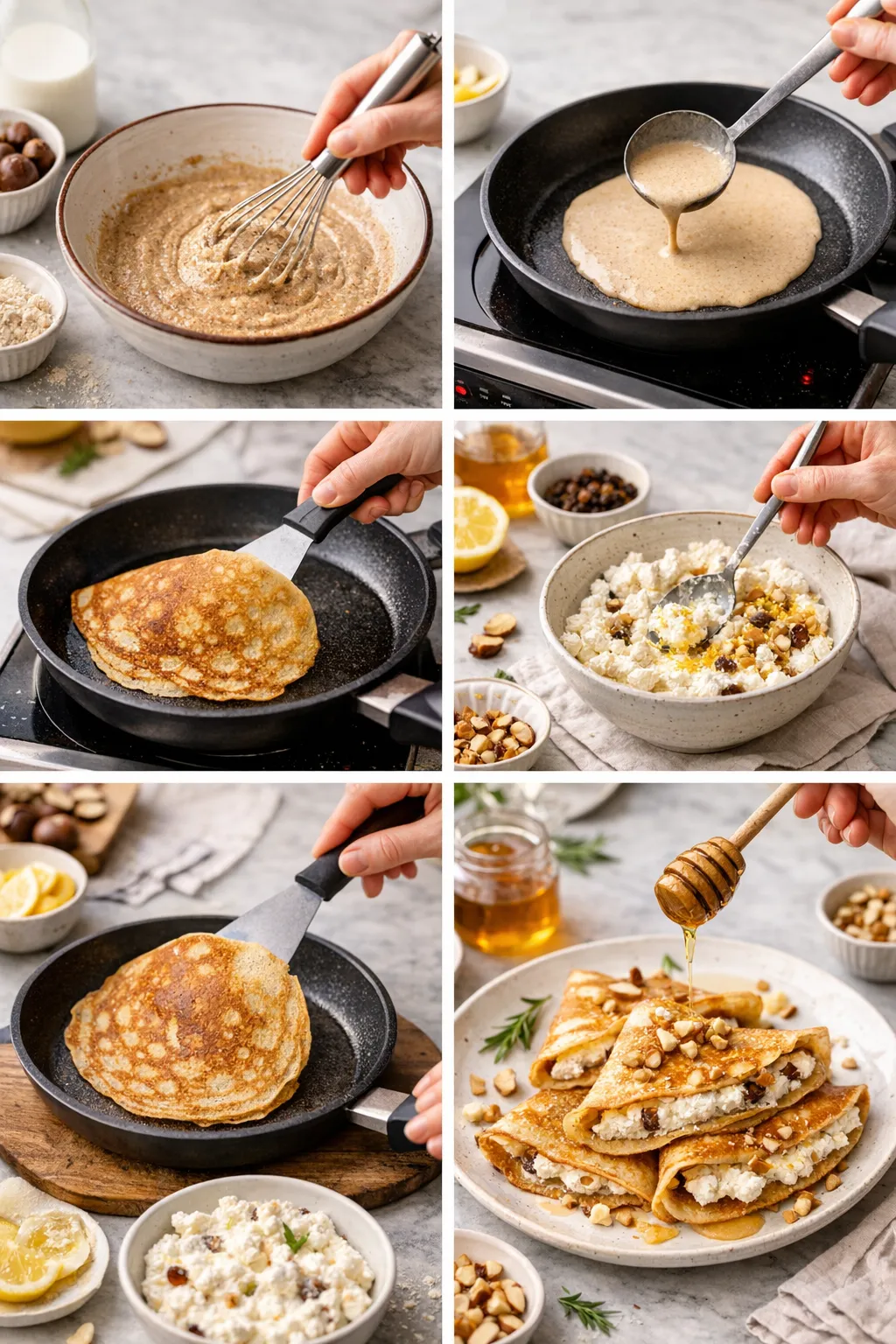 Collage showing steps of making chestnut pancakes with ricotta