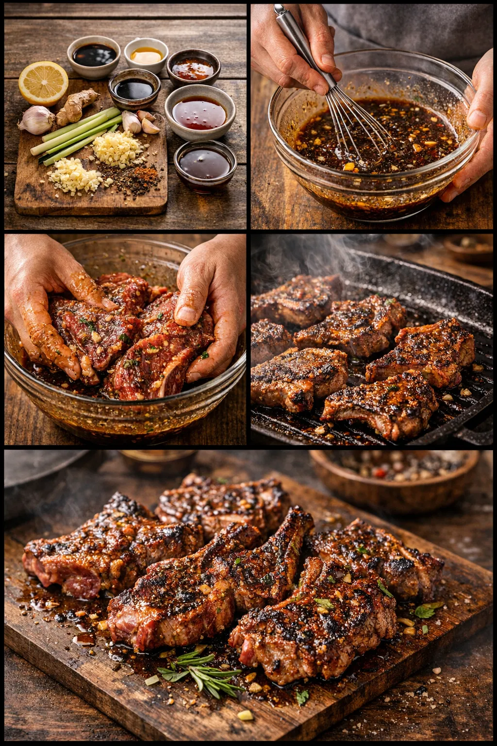 Step-by-step collage of marinated lamb chops from ingredients to grilled dish
