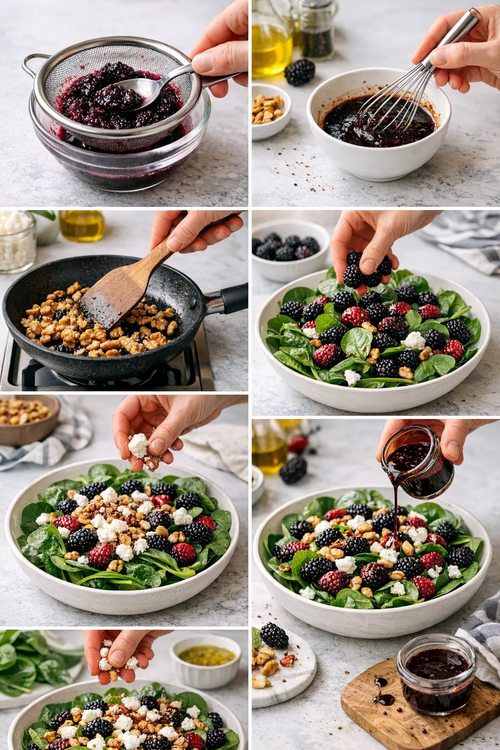 Collage of spinach berry salad preparation steps