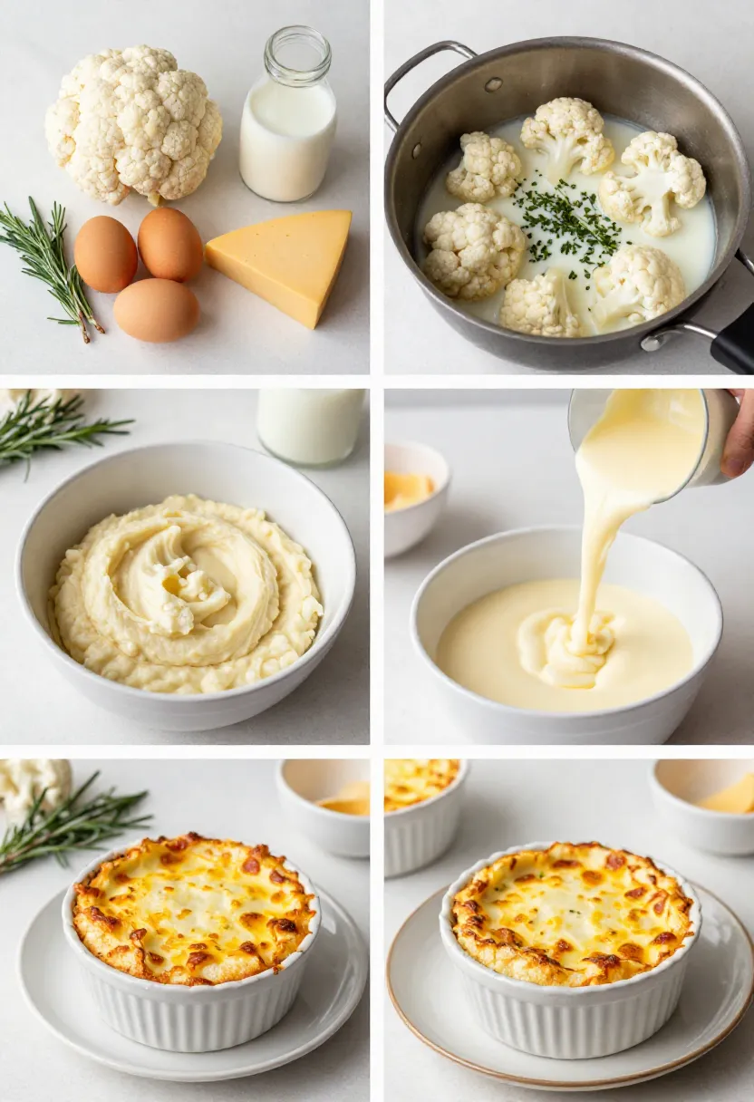 Collage showing step-by-step cauliflower soufflé cooking process