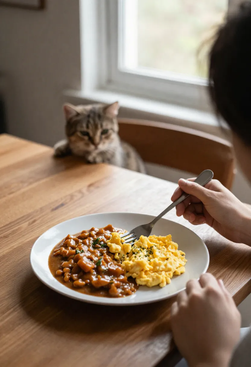 Person enjoying curried scrambled eggs with a cat nearby.