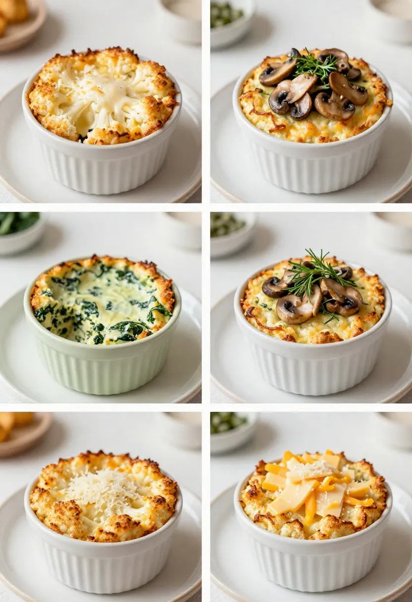 Collage showing different cauliflower soufflé variations