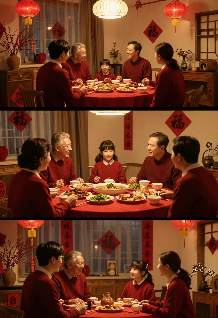 Chinese New Year reunion dinner collage with family meal scenes.