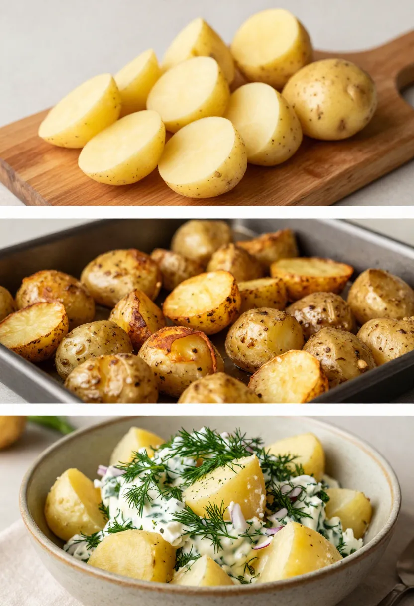 Collage showing raw, roasted, and salad potatoes stages