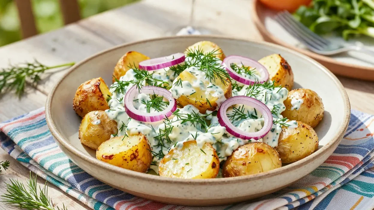 Creamy roasted potato and dill salad in festive table setting