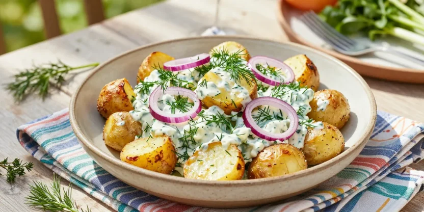 Creamy roasted potato and dill salad in festive table setting