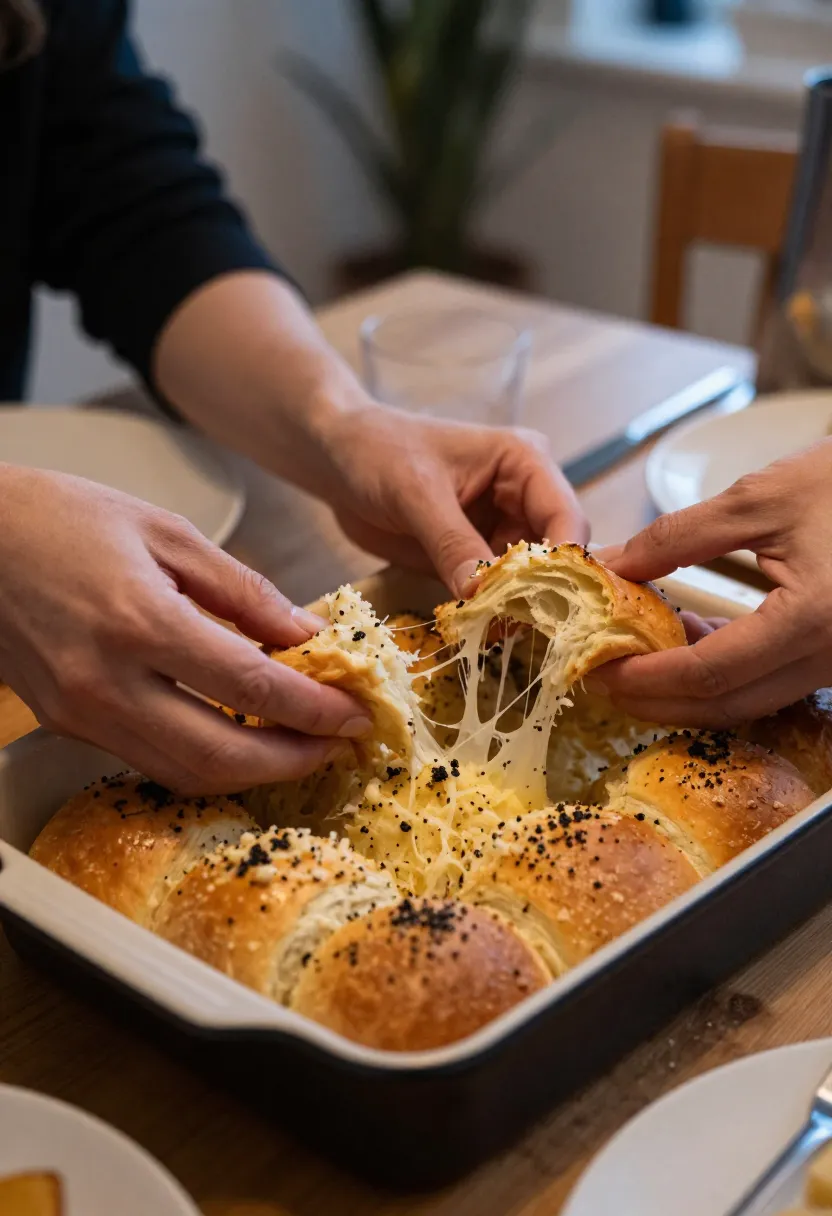 Hands pulling apart warm garlic Parmesan rolls at a cozy dinner table.