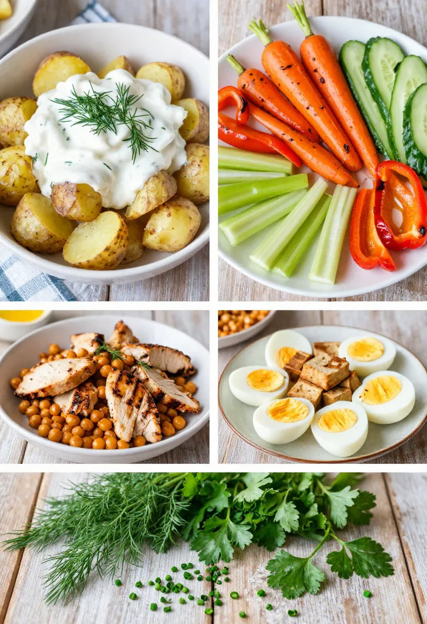 Collage of roasted potato salad variations with vegetables, protein and herbs