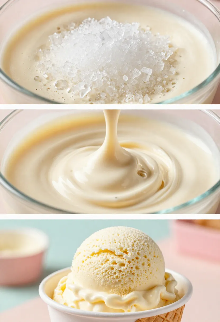 Collage showing how stabilizers create smooth creamy ice cream