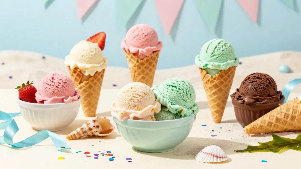 Colorful ice cream scoops with festive seaside summer theme