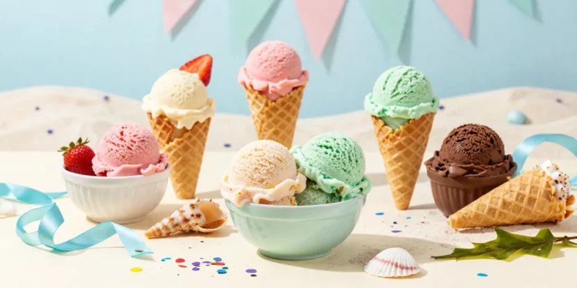 Colorful ice cream scoops with festive seaside summer theme