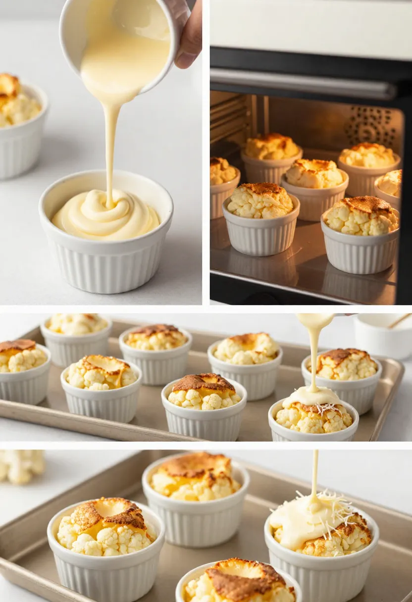 Collage showing stages of twice-baked soufflé preparation