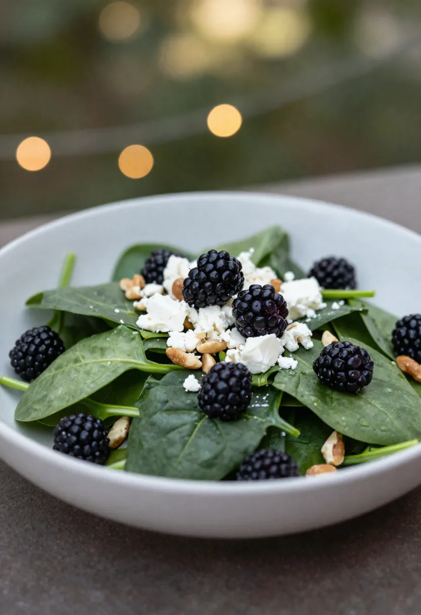 Elegant spinach berry salad with blackberries, goat cheese, and nuts served in a wide shallow bowl, carefully arranged in soft layers, vibrant colors, natural light