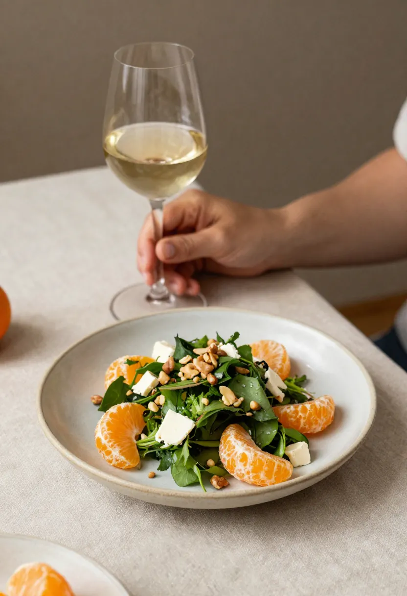 Person enjoying mandarin salad with a glass of wine in cozy setting