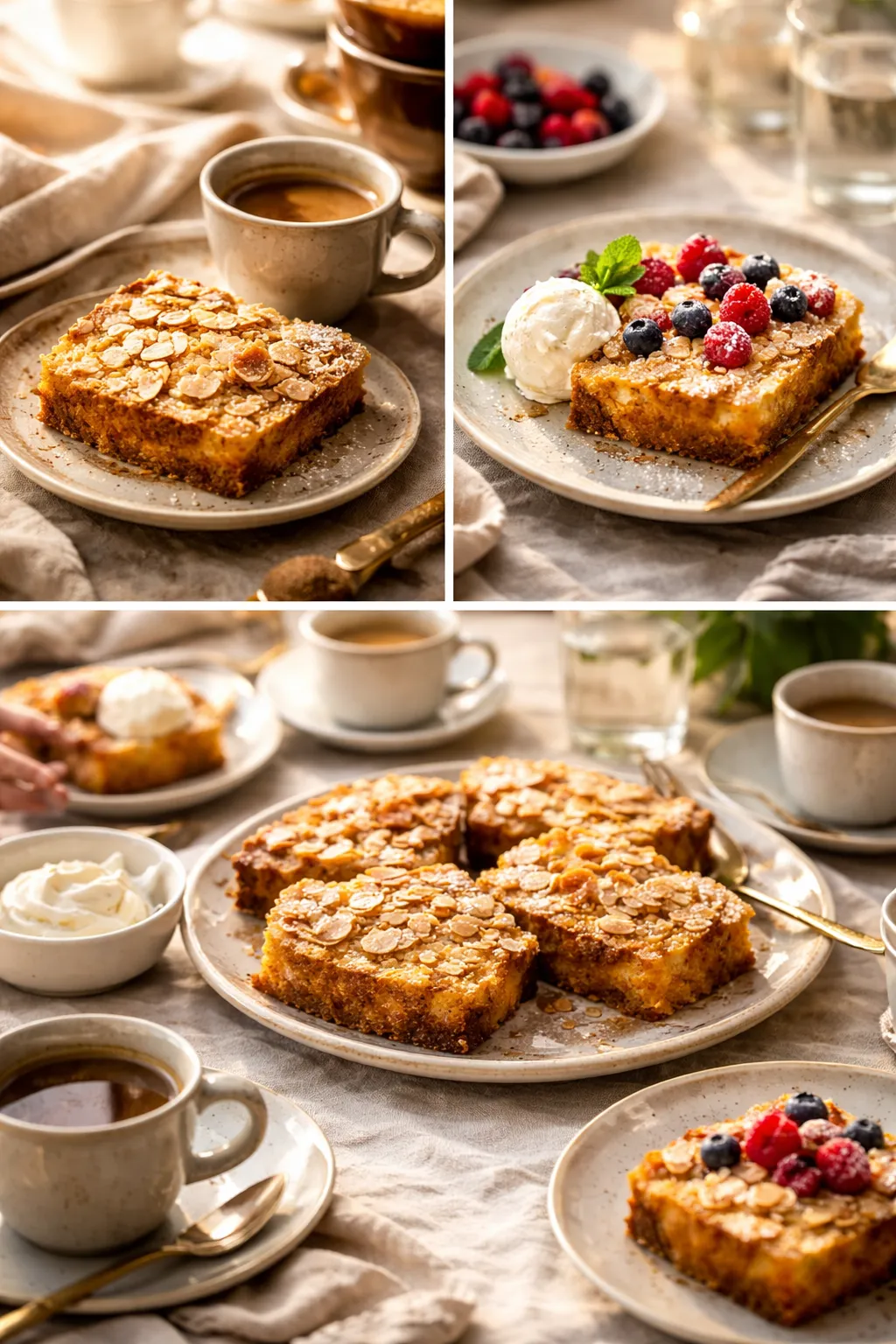 Bostock served with coffee, dessert cream, and casual table setting collage