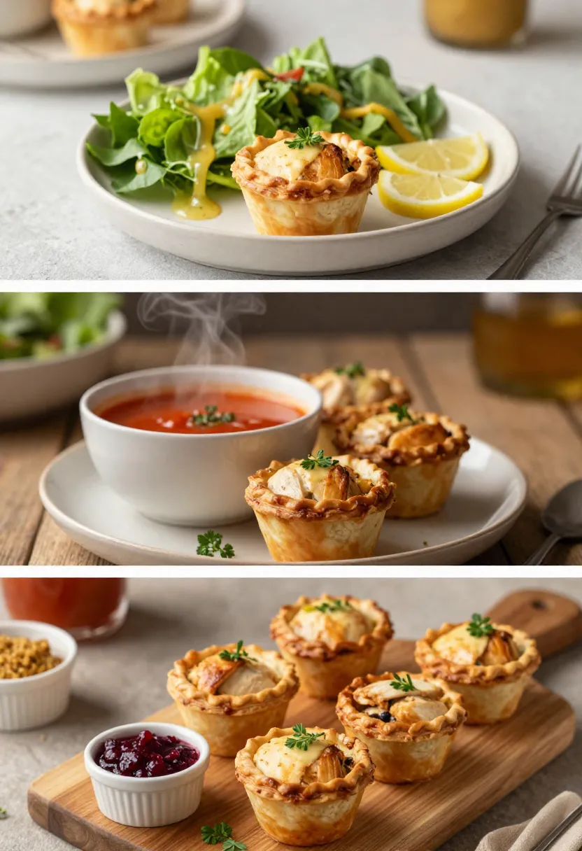 Collage of mini chicken pot pies served with salad, soup, and party presentation.