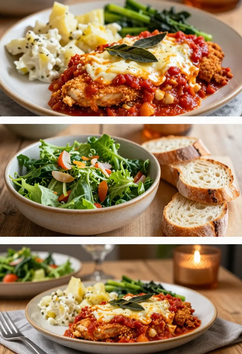 Plated chicken parmigiana with potato salad and green vegetables