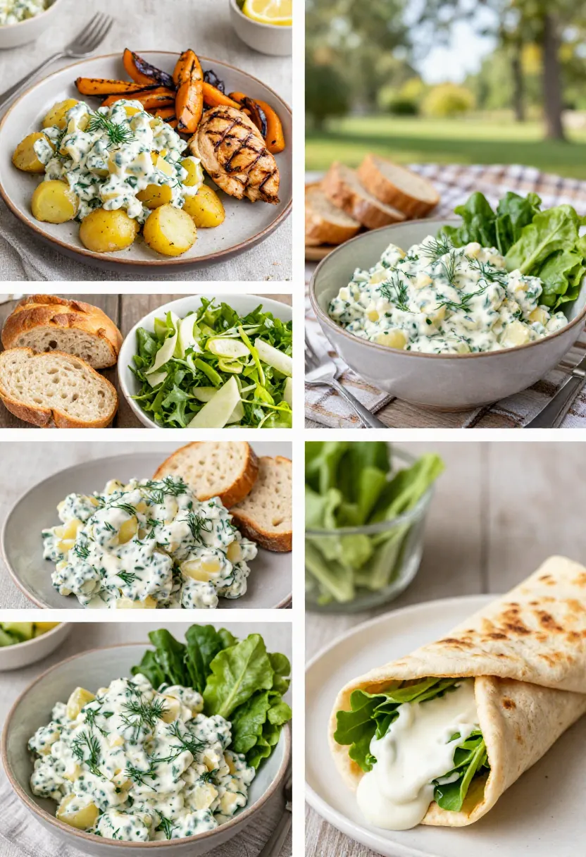 Collage of roasted potato salad serving ideas with BBQ and picnic dishes
