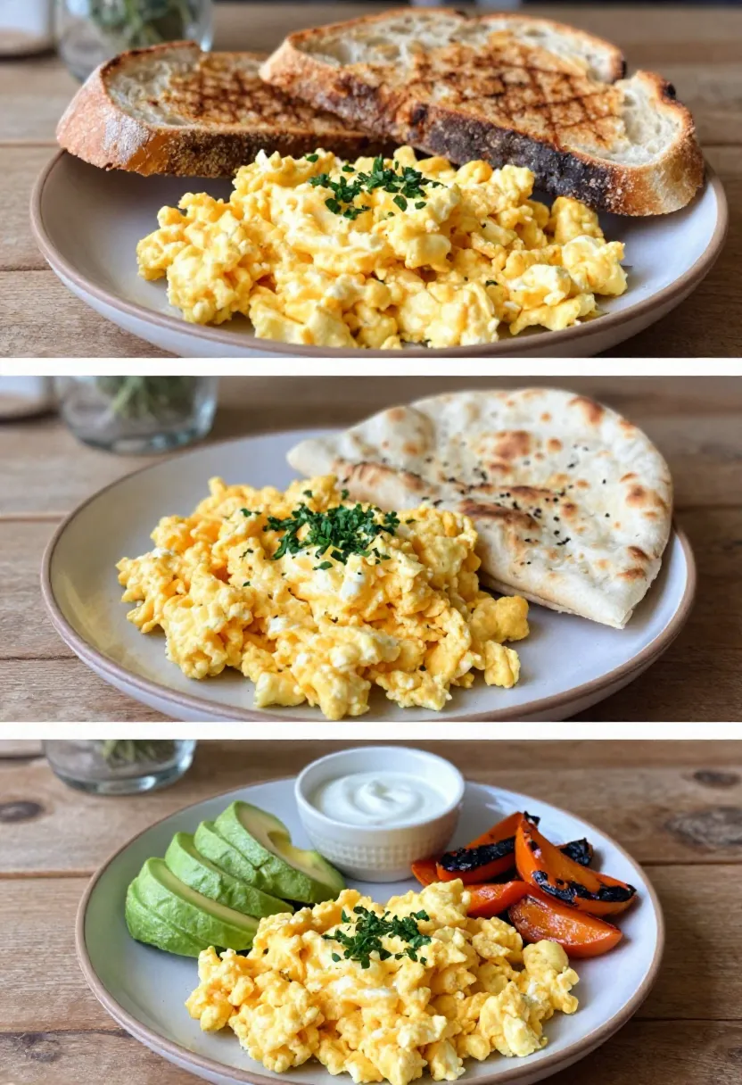 Collage of curried scrambled eggs served with toast, flatbread, and toppings.
