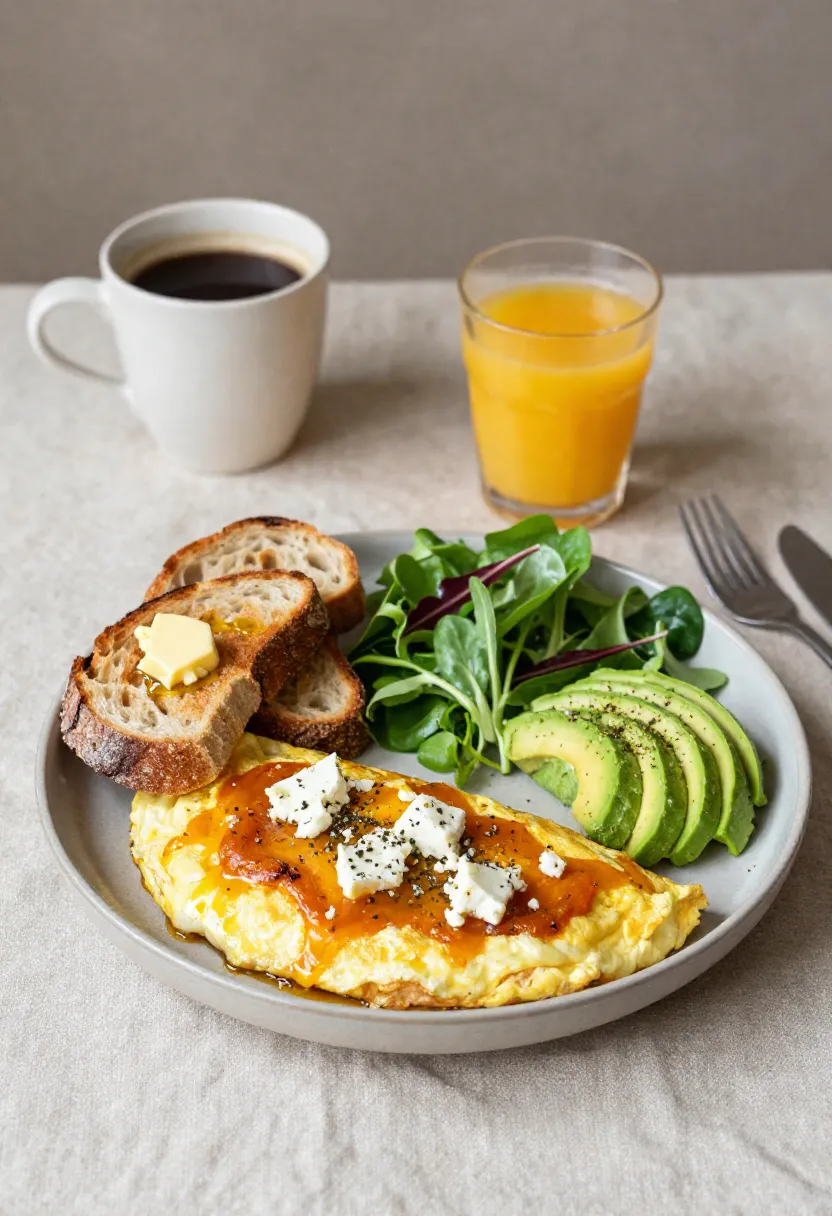 Pumpkin and feta omelette served with toast, avocado, salad, and coffee