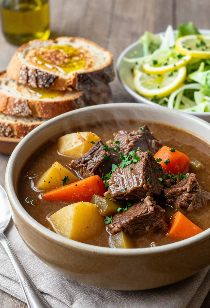 Hearty beef and vegetable stew served with toasted sourdough and fresh salad in a warm inviting setting.